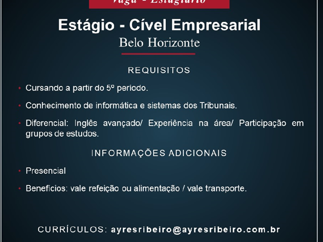 Ayres Ribeiro Advogados abre vaga de estágio na área Cível Empresarial   Migalhas